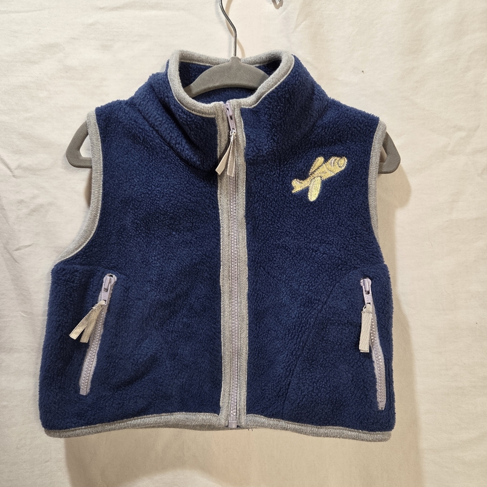 90s Sears 18m Boys Vtg Blue Fleece Vest with Airplane Embroidery And Pocket